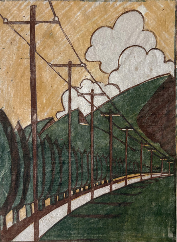 Poplar Trees and Telephone Poles - URSULA FOOKES - linocut printed in colors