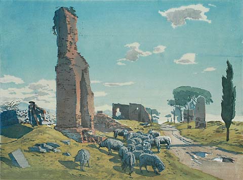 Via Appia I - HANS FRANK - woodcut printed in colors on thin Japanese paper