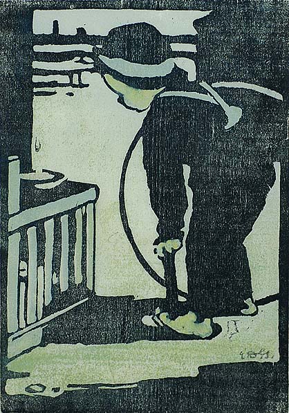 Boy with Hoop - ELIZA D. GARDINER - woodcut printed in colors