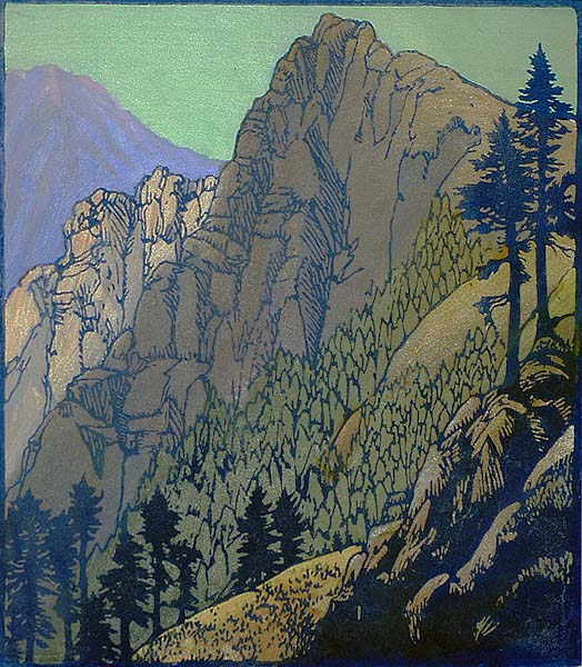 Columbia Crags - FRANCES GEARHART - block print printed in colors