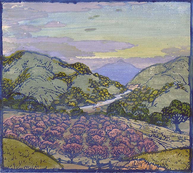 The Peach Orchard - FRANCES GEARHART - woodcut printed in colors