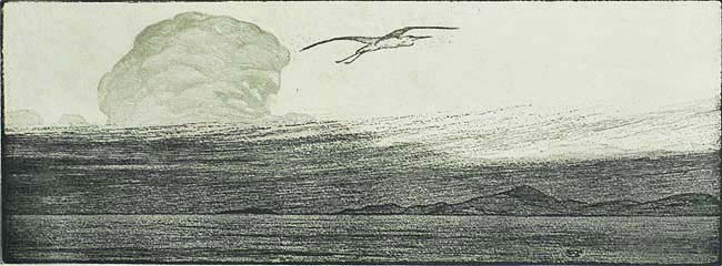 Bird in Flight - WILLIAM GILES - woodcut with relief etching (?) printed in black and grey