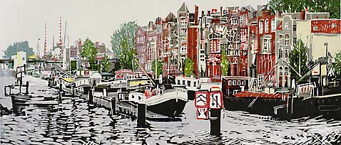 Groningen, East Harbor -   - woodcut printed in colors