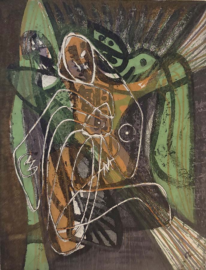 Palimpsest - STANLEY W. HAYTER - zinc intaglio:  sugar lift, soft ground etching and scorper with three silkscreens printed in color