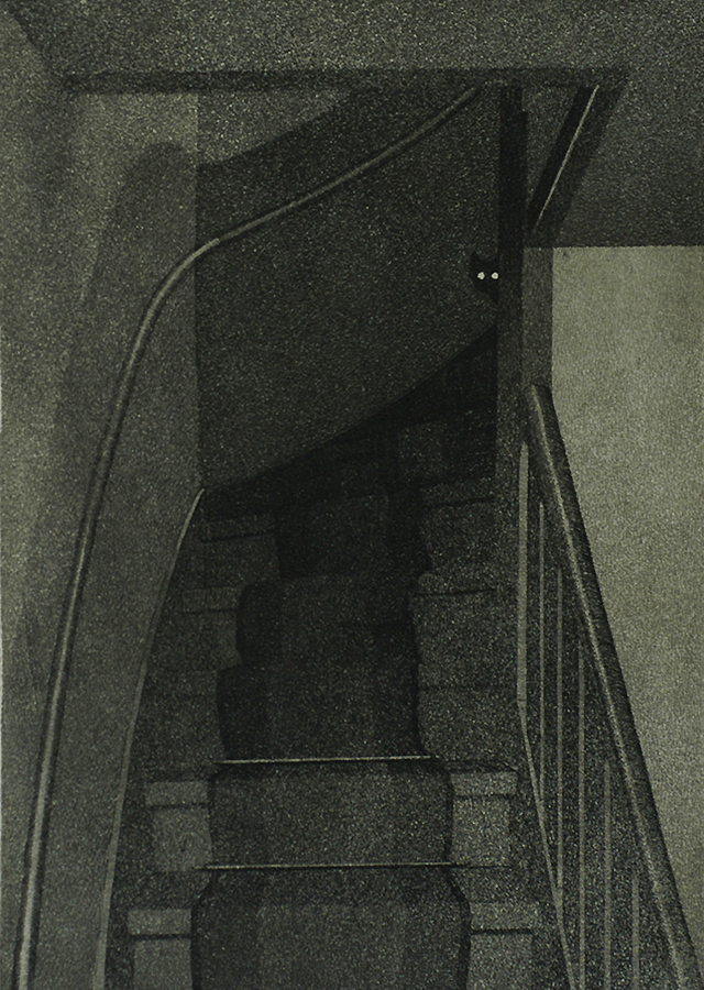 Cat at the top of a Dark Staircase - AREND HENDRIKS - etching and aquatint