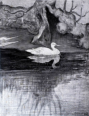 Witte Eend Zwemmend Bij Boomwortels - THEO VAN HOYTEMA - lithograph printed on chine applique