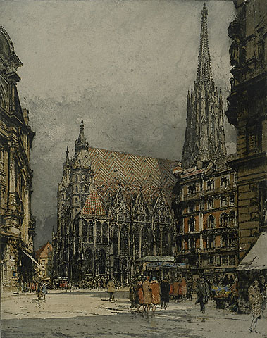 Vienna, St. Stephen's - LUIGI  KASIMIR - etching and aquatint printed in colors