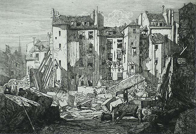 Demolitions pour le Perchement de la Rue des Ecoles (Vieux Paris) - MAXIME  LALANNE - etching