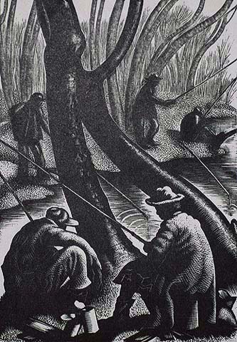 Fishing in the Creek - CLARE LEIGHTON - wood engraving