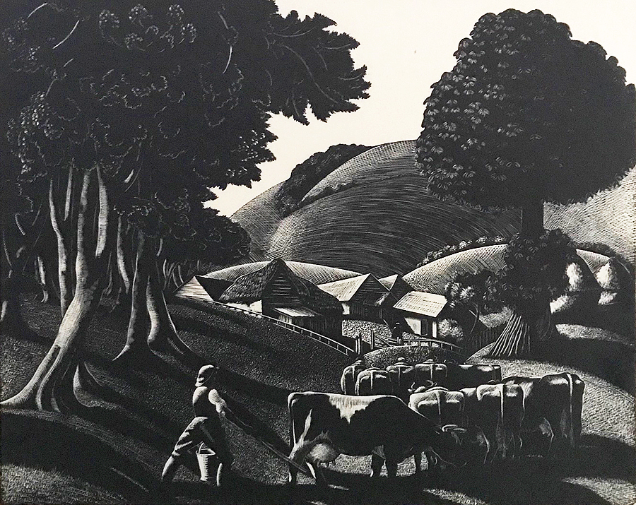 To the Milking:  July - CLARE LEIGHTON - wood engraving
