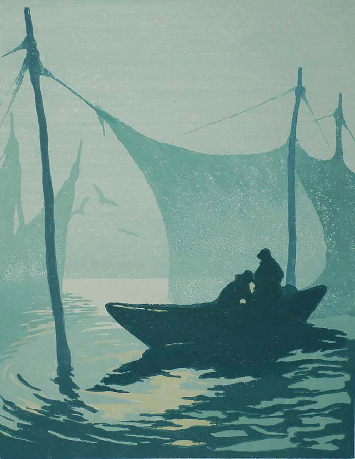 Morning at the Weir (Provincetown) - TOD LINDENMUTH - linoleum cut printed in colors