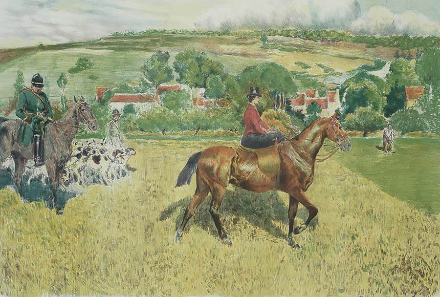 Départ pour la Chasse à Courre (Leaving for the Hunt) - ALEXANDRE LUNOIS - lithograph printed in colors