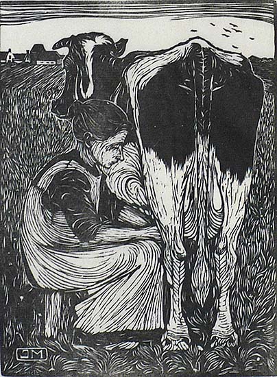 Woman Seated Facing Right, Milking a Cow  (Vrow Zittend naar Rechts, een koe Melkend) - JAN MANKES - woodcut