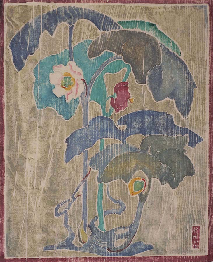 Spring Umbrellas - KATHARINE HOOD MCCORMICK - white line woodcut printed in colors