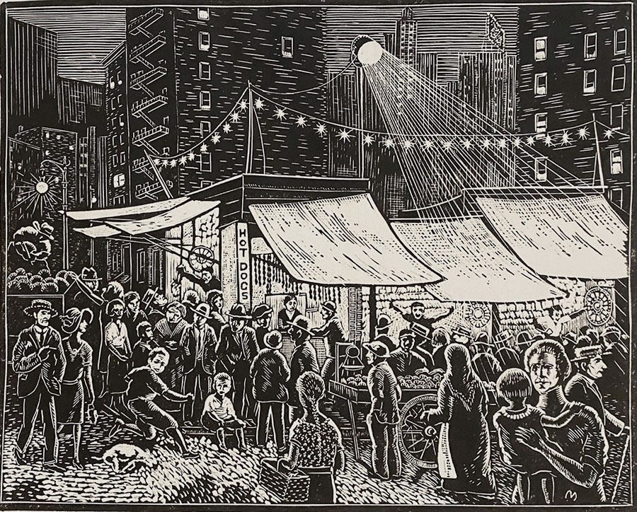 Bleeker Street Follies - LEO MEISSNER - woodcut (linoleum cut?)