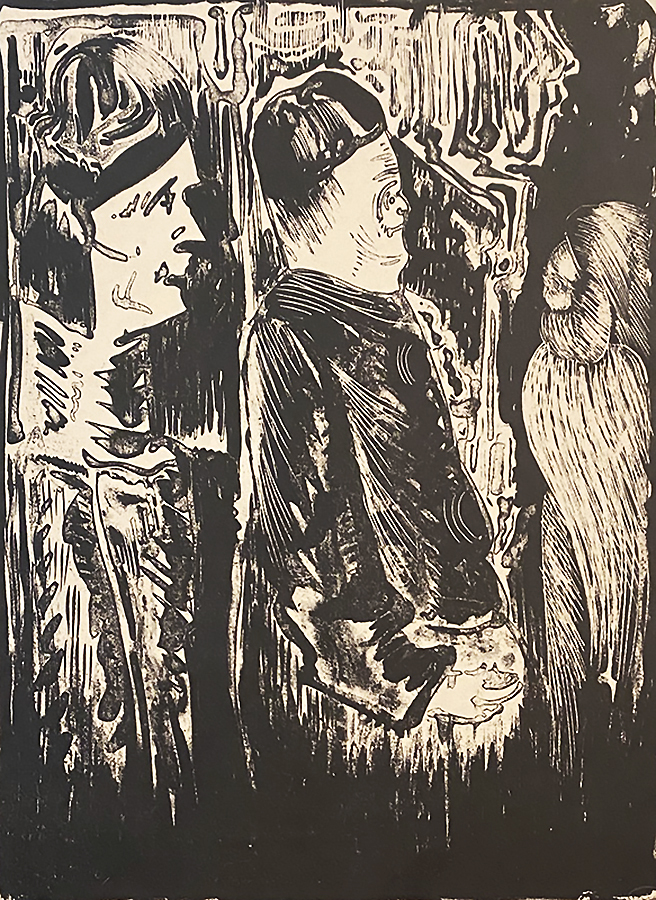 Fantasy; on the left two figures with caps, one the right a scratched apparition in plumage - SAMUEL JESSURUN DE MESQUITA - tusche lithograph