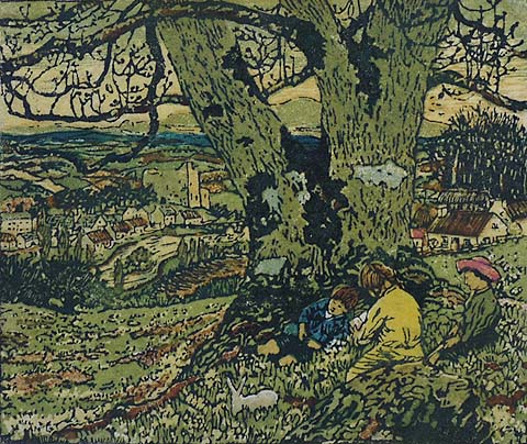 An Old Story - ROBERT J. ENRAGHT MOONY - woodcut printed in colors