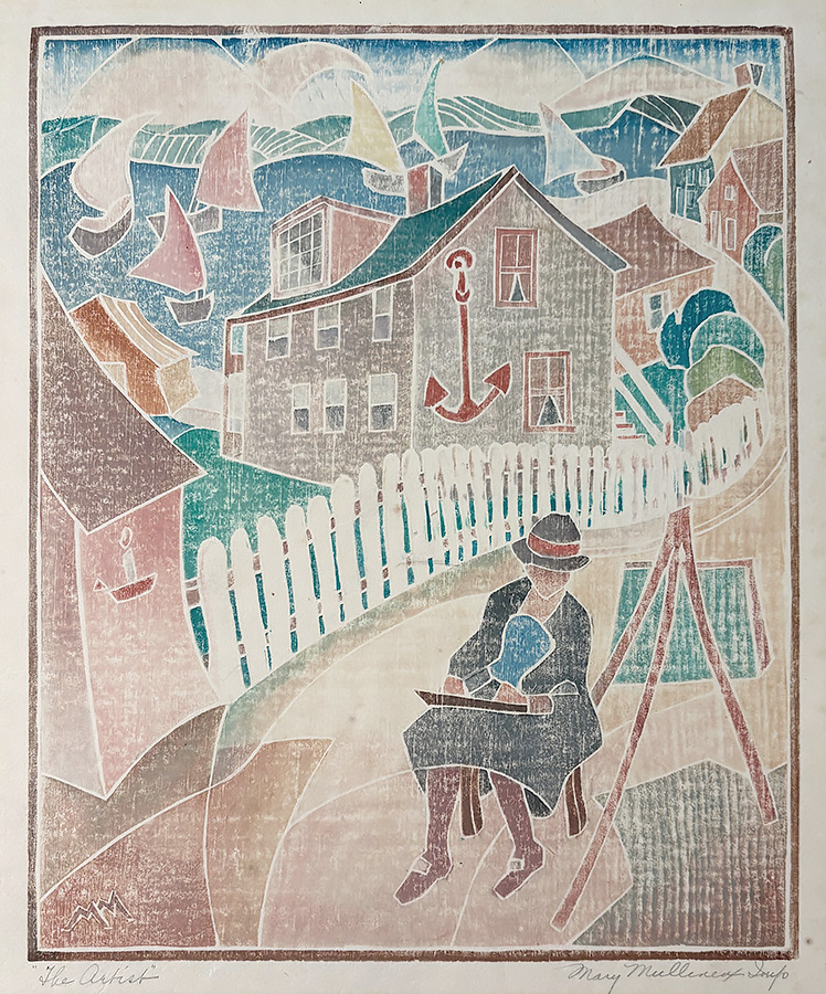 The Artist (Self Portrait) (Provincetown) - MARY MULLINEUX - white line color woodcut