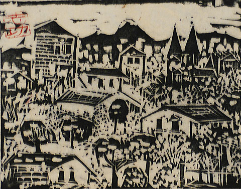 Houses on a Hill - SHIKO MUNAKATA - woodcut
