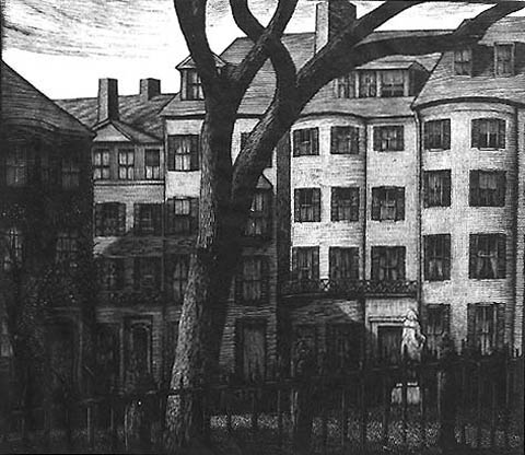 Louisburg Square, Beacon Hill, Boston - THOMAS NASON - wood engraving