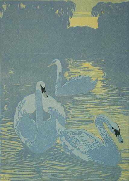 Swans - HANS NEUMANN - woodcut printed in colors