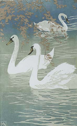 Swans - HANS NEUMANN - woodcut printed in colors
