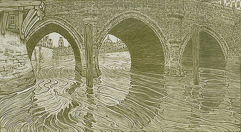 Bridge at Mechelen (Belgium) - WOJ NIEUWENKAMP - woodcut printed in color