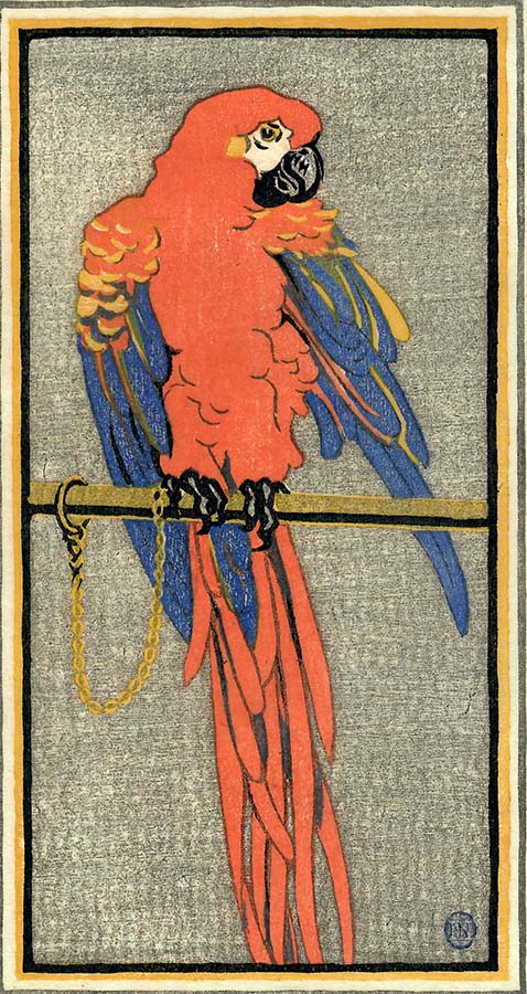 Red Macaw - ELIZABETH NORTON - woodcut printed in colors