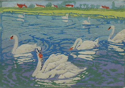 Swans - MARGARET PATTERSON - woodcut printed in colors