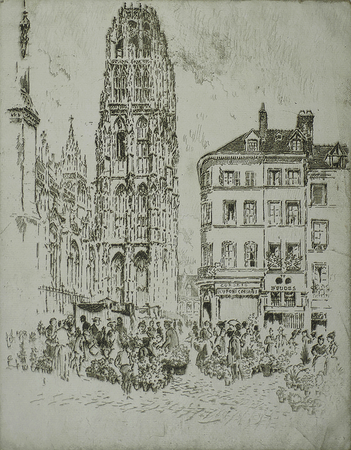 Flower Market and Butter Tower, Rouen - JOSEPH PENNELL - etching