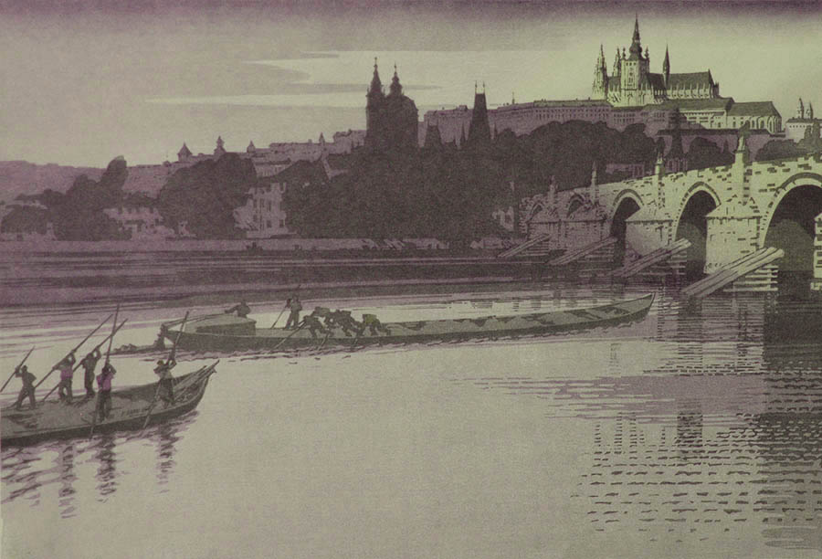 The Vltava at Prague - JOHN PLATT - woodcut printed in colors
