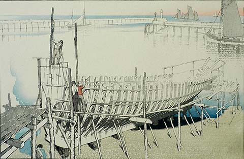 Building the Trawler - JOHN PLATT - woodcut printed in colors