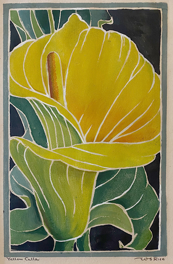 Yellow Calla - WILLIAM S. RICE - white line woodcut printed in colors