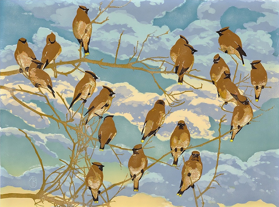 Cedar Waxwing Flock - ANDREA RICH - woodcut printed in colors