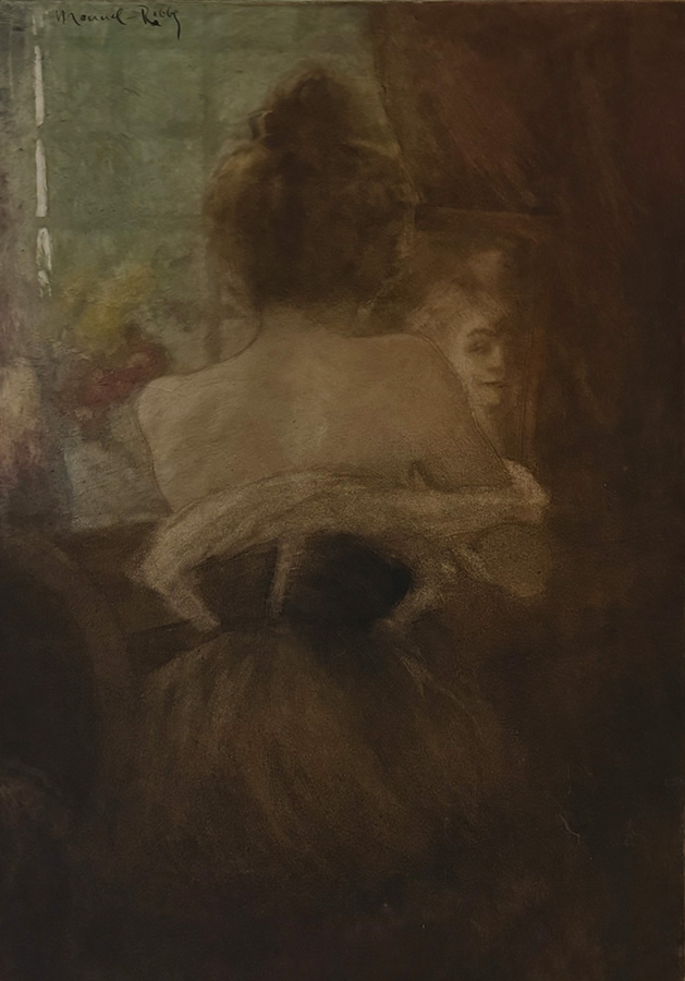 Seated Woman looking into the Mirror (Femme à son miroir) - MANUEL ROBBE - aquatint in colors printed à la poupée