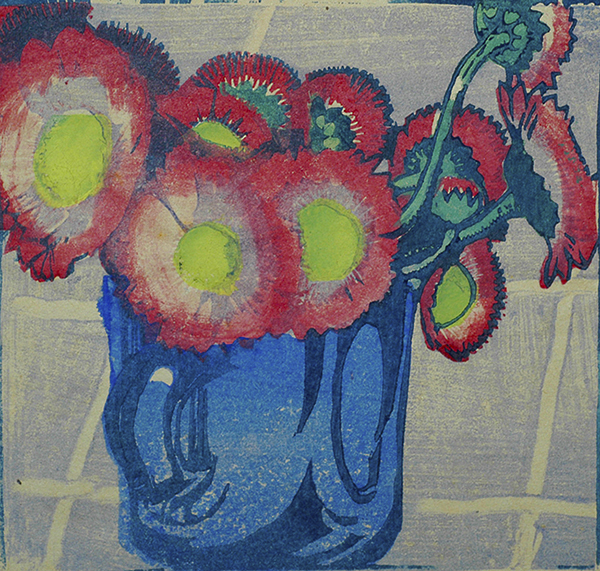 Red Daisies - MABEL ROYDS - woodcut printed in colors