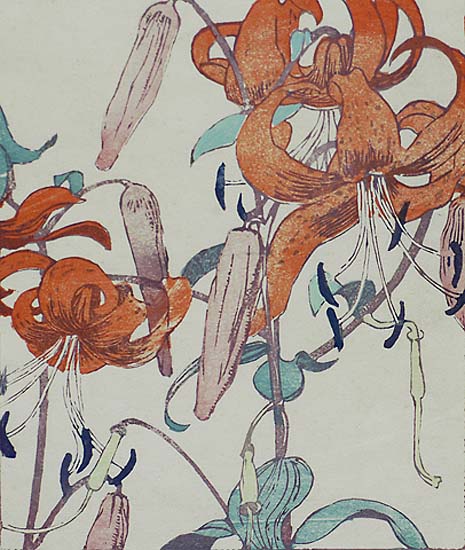 Orange Lilies - MABEL ROYDS - woodcut printed in colors