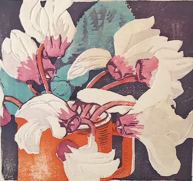 The Red Mug (Cyclamen) - MABEL ROYDS - woodcut printed in colors