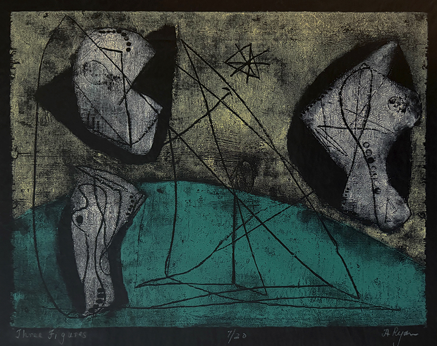 Three Figures - ANNE RYAN - woodcut printed in colors on black paper