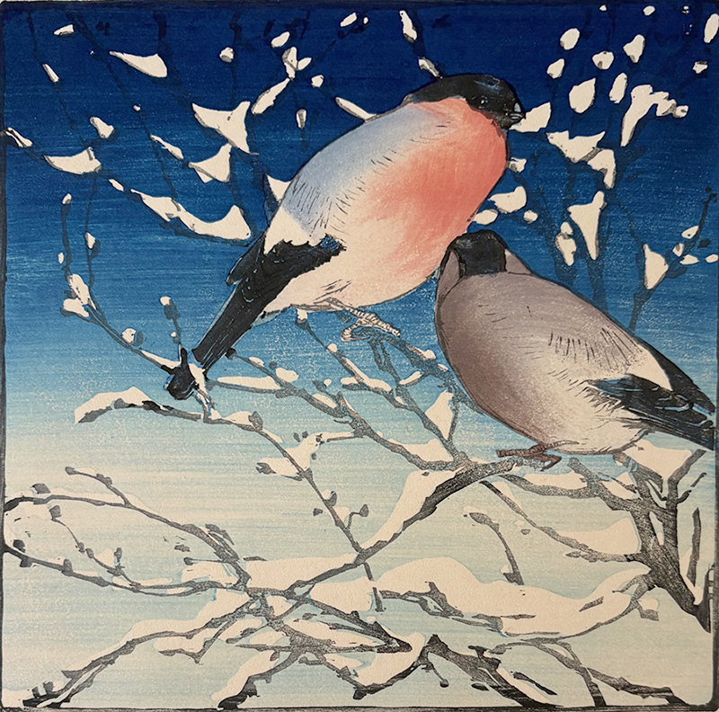 Bullfinches on a Snow Covered Branch - ALLEN W. SEABY - woodcut printed in colors