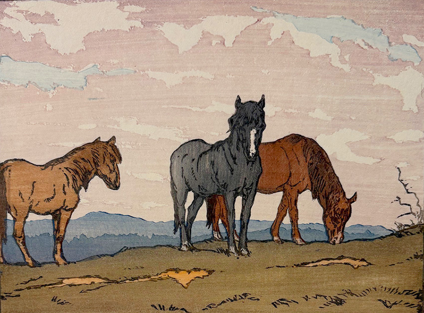 Ponies - ALLEN W. SEABY - woodcut printed in colors