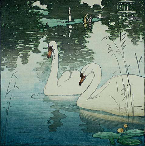 Two Swans - ALLEN W. SEABY - woodcut
