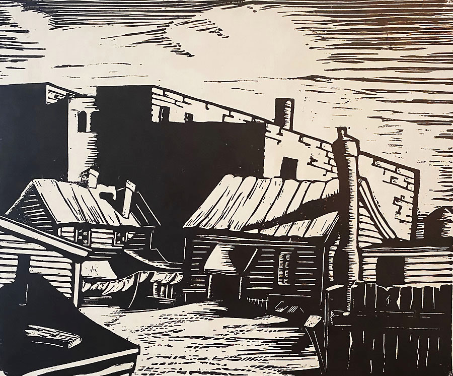 Leaning Chimneys - WILLIAM E. SMITH - linoleum cut