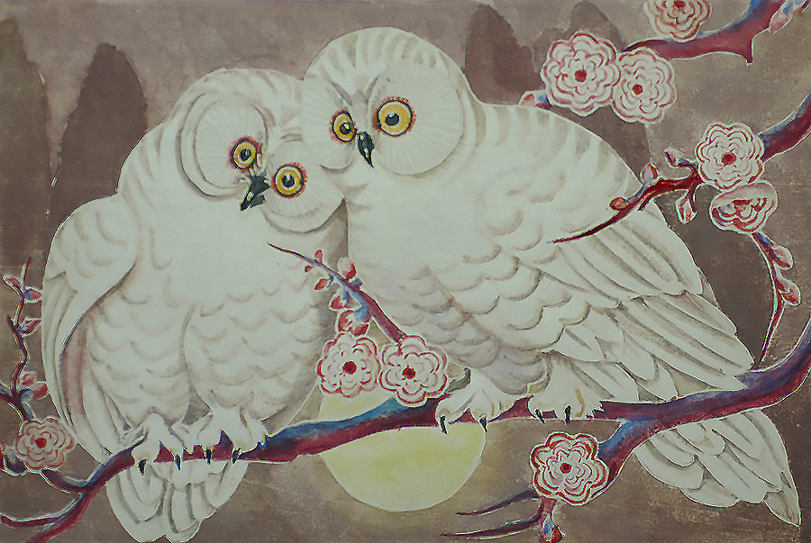 Young Owls - WUANITA SMITH - white line woodcut with additional hand coloring and embossing