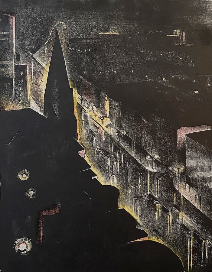 City in the Rain - BENTON SPRUANCE - lithograph printed in three colors