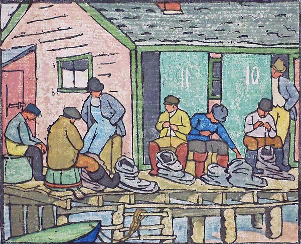Baiting Up (Provincetown) - MAUD HUNT SQUIRE - woodcut printed in colors
