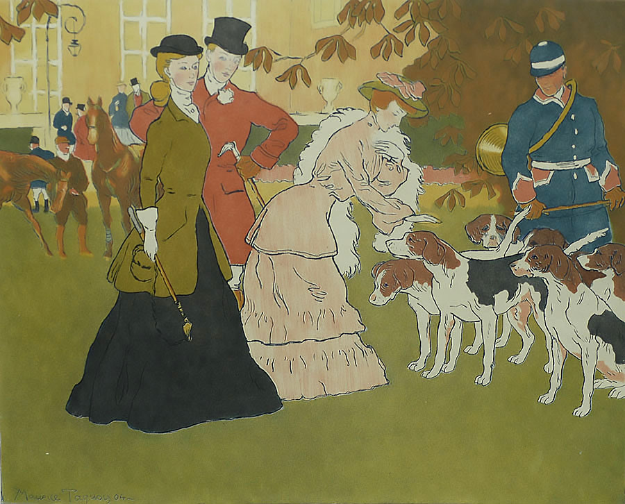 Le Départ pour la Chasse (Leaving for the Hunt) - MAURICE TAQUOY - etching and aquatint printed in colors