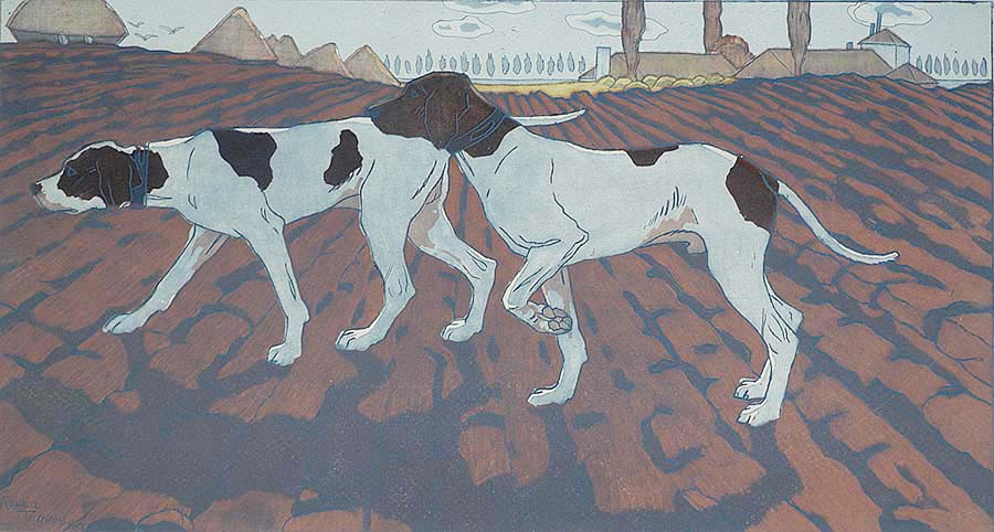 Pointer Dogs (Chiens d'ârret), or, Two Pointers (Deux Pointers) - MAURICE TAQUOY - etching and aquatint printed in colors