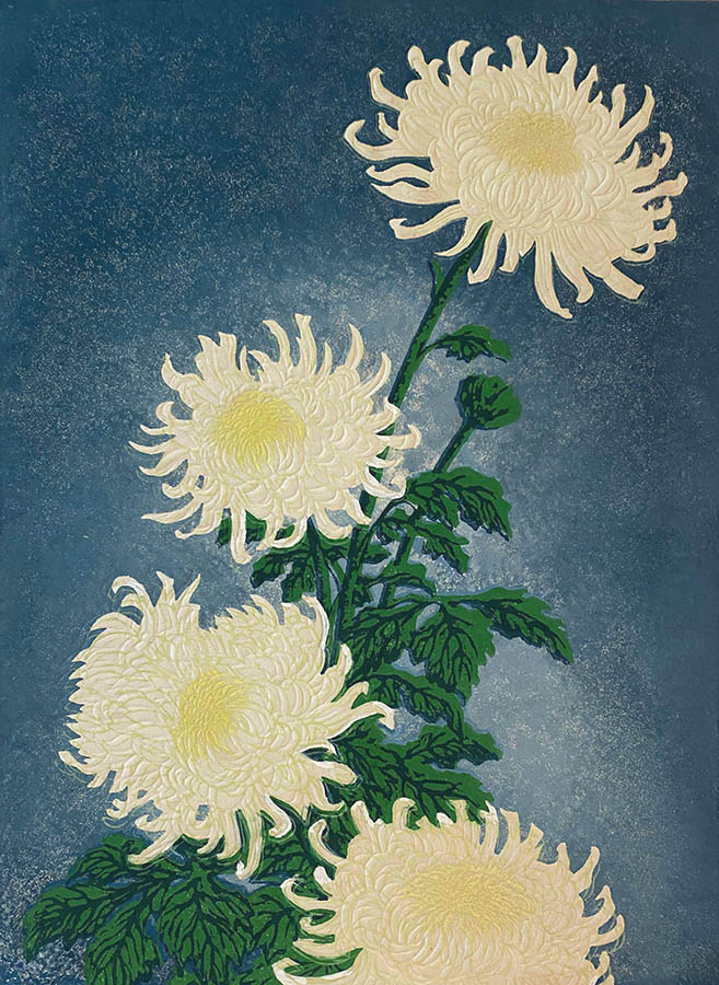 Chrysanthemums  - CARL THIEMANN - woodcut printed in colors with embossing (gauffrage)