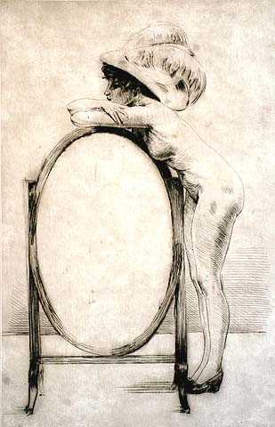Woman Leaning on a Mirror - HENRI THOMAS - drypoint